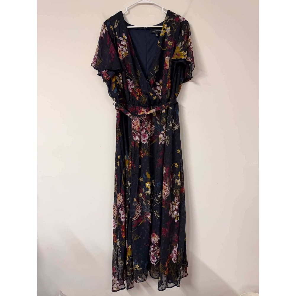 Lane Bryant Womens 20 Blue Floral Maxi Dress Flutter Sleeve Clip Dot Wrap Front